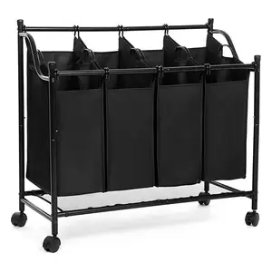 SONGMICS Cheap Unique Flexible Folding Plastic Fabric metal Rolling Trolley Collector Sorter Basket laundry basket with wheels