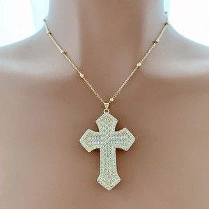 Kalung Salib Kristen Tk-L610, Kalung CZ Baguette & Bulat Berkilau, Liontin Salib Besar Unisex, Kalung Rantai Emas - Product Image 3