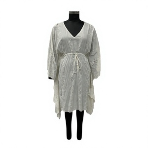 <b>Boho</b> V-Neck Long Sleeve Midi <b>Dress</b> With Drawstring Elastic Waist Loose Fit Linen Cotton Woven Breathable Asymmetrical Hem <b>Summer</b> - Product Image 1
