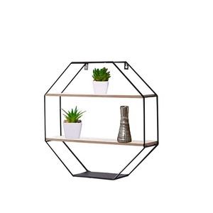 Étagère murale octogonale en fer et bois <span class=keywords><strong>40x40</strong></span> cm flottante avec 2 étagères - Product Image 1