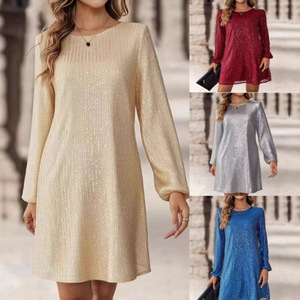 Vestido Midi de Lentejuelas con Cuello Redondo para Mujer, Vestido de Noche de Manga Larga, Estilo Simple y Cómodo, Cintura Natural - Product Image 1