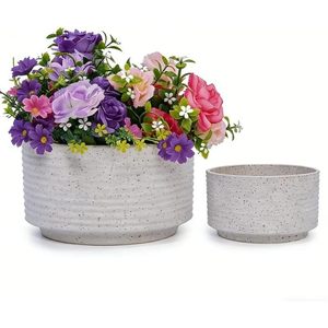 Ensemble de 2 pots à plantes en céramique Mdj Pottery, 9 et 11 pouces, blancs, glaçurés, cylindriques à nervures horizontales, pour jardin et fleurs - Product Image 1