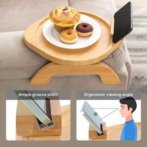 Bandeja de bambú para brazo de sofá, mesa de sofá de madera con forma personalizada y soporte giratorio para teléfono, mesa de desayuno plegable - Product Image 4