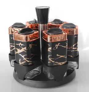 black and gold square spice shaker spice set 6 pcs glass spice jar set with rotating rack Stainless Steel Casing