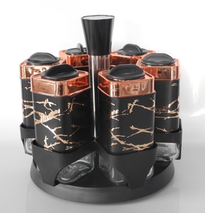 Bộ 6 Lọ Thủy Tinh Đựng Gia Vị Hình Vuông Màu Đen Và Vàng Kèm Giá Xoay Vỏ Thép Không Gỉ - Product Image 1