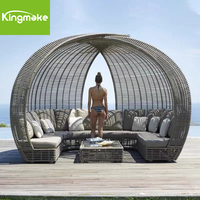 Lit de repos de luxe pour patio de villa/hôtel, mobilier d'extérieur en rotin, structure en aluminium, forme ronde, canapé-lit d'extérieur avec auvent