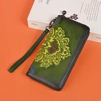 Dompet Wanita Vintage dengan Resleting, Kulit Sapi Asli, Tempat Kartu dan Ponsel, Lapisan Poliester