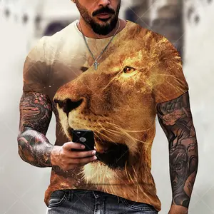 Camiseta masculina com estampa de leão, moda masculina, de manga curta, folgada, 3d