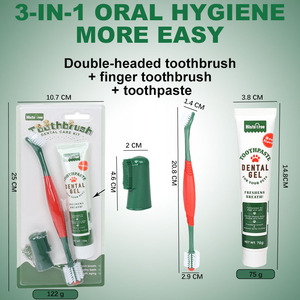 Kit de higiene bucal para mascotas 3 en 1 con sabores de vainilla/Carne, juego de limpieza para el cuidado bucal de perros con cepillo de dientes de doble extremo, cepillo de dedos, pasta de dientes - Product Image 2