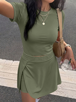 Ensemble de survêtement 2 pièces personnalisé pour femme avec logo, vert menthe, col rond, crop top et jupe-short fluide, idéal pour la vente en gros