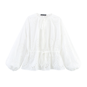 Damen Frühling Sommer Herbst Lässige Gewebte Atmungsaktive Langarm Weiße Vintage Rundhals-Bluse - Product Image 1