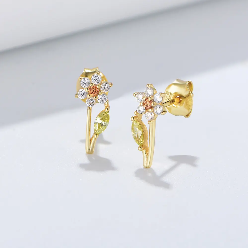 Cute Flower Stud Earrings S925 Sterling Silver Dainty Colorful CZ Stud Jewelry Earrings for Lovely Girls