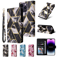 Casing Pelindung Bermotif Marmer Berlapis Emas Berkualitas Tinggi untuk iPhone 17 Promax 16, Flip Cover Kulit dengan Tempat Kartu
