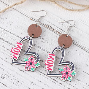 Pendientes de madera Regalo del Día de la madre Flores de mamá Colgante de círculo en forma de corazón Pendientes de doble cara para mujeres Uionen 992 - Product Image 2