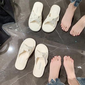 Elegant Cream PU Slides With Bow <b>Decoration</b> Flat Heel Open Toe Slip-On <b>Summer</b> Women's Sandals Comfortable EVA Sole - Product Image 4