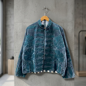 Handcrafted Teal Blue <b>Velvet</b> Suzani Embroidered Jacket <b>Women</b> Open Front Mandarin Collar Short <b>Coat</b> Reversible Boho Outerwear - Product Image 4