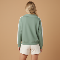 Sweat-shirt polo personnalisé pour femme, col en V, manches contrastées à rayures, épaules tombantes, coupe décontractée