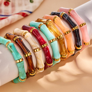 Nuevo Brazalete de Resina de Bambú Estilo Chino para Mujer, Chapado en Oro de 18k, <span class=keywords><strong>Acero</strong></span> <span class=keywords><strong>Inoxidable</strong></span>, Inspiración Zen, Colorido, Elástico - Product Image 3