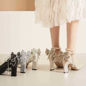 Pointed Toe Ankle Strap Pumps <b>With</b> <b>Bow</b> Decoration High Heel Bridal <b>Shoes</b> For Wedding Comfortable Block Heel 7188F-177 - Product Image 4