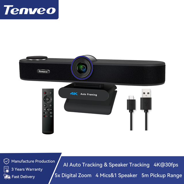 3-in-1 4K Webcam with Microphones and Speaker AI Auto-Tracking 5X Digital Zoom Webcam 4K Adjustable Field of View Remote Control