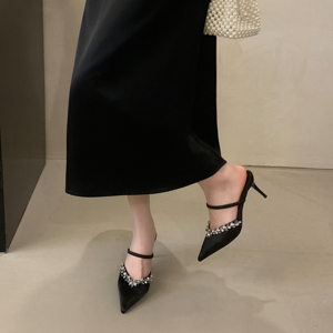 2024 New Pointed Rhinestone High-heeled Champagne-colored Sandals Half-tow Outer Wear Women's in Stock 35-40 - Product Image 2