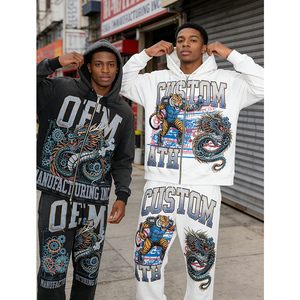 <b>2</b>-<b>piece</b> Digital Printing Streetwear Black <b>White</b> OEM Custom LOGO Print Heavyweight 400 GSM Zipper Long Sleeves Men's Hoodie <b>Set</b> - Product Image 2