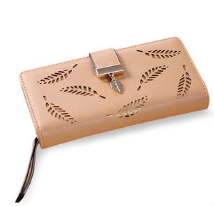 China suppliers pu long wallet big capacity women clutch hollow leaf decoration