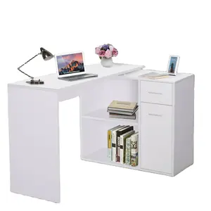 Corner Computer Desk 360 degree Rotating L-Shaped Table Storage Shelf White