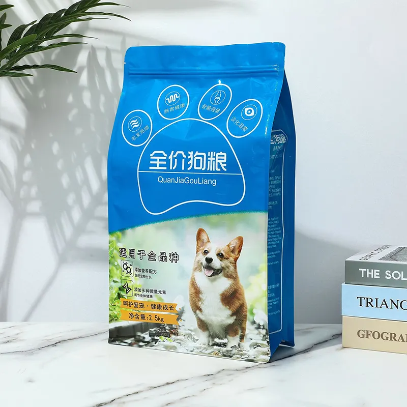 Foglio di alluminio con stampa in plastica a fondo piatto personalizzato Stand Up Pouch Pet Cat Dog Food Packaging Bag con cerniera superiore richiudibile