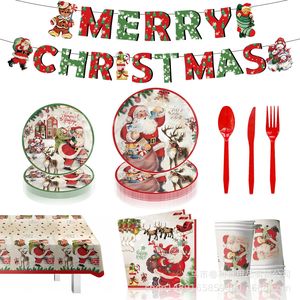 Ensemble de vaisselle jetable pour fête de Noël, assiettes en papier, serviettes, couverts, thème Père Noël, design de dessin animé pour les célébrations de Noël - Product Image 4