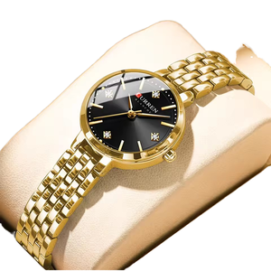 Montre à quartz dorée de luxe pour femmes 9106, bracelet en acier inoxydable, étanche 3 ATM - Product Image 1