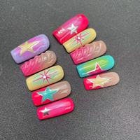 Ongles longs en forme de cercueil faits à la main de haute qualité, peints à la main avec une étoile à cinq branches colorée, réutilisables, vente en gros d'usine