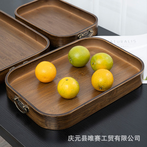 Ensemble de plateaux de service en bambou couleur noyer avec poignées métalliques, plateaux rectangulaires pour thé, café, usage hôtelier - Product Image 4