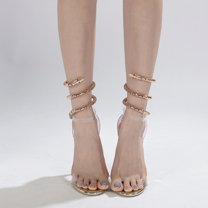 Sandalias de Mujer 2025, Diseño Nuevo, Decoración con Patrón de Serpiente Metálica, Transparentes, Elegantes, Doradas - Product Image 5