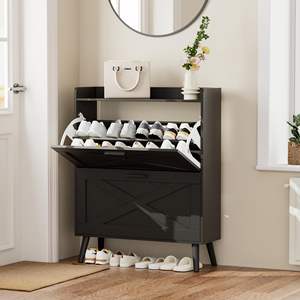 Meuble de rangement à chaussures moderne et durable avec 2 tiroirs rabattables et design à portes coulissantes, étagères réglables, meuble à chaussures étroit et fin pour entrée - Product Image 3