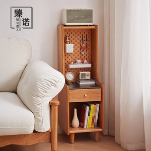 Table de chevet nordique en bois massif cerisier avec panneau perforé pour chambre à coucher - Product Image 1