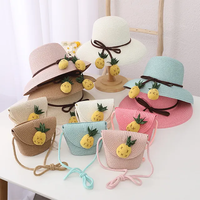 2023 plaj Panama şapkası yaz şapka kız çocuklar hasır şapka karikatür Tote takım elbise güneş çanta