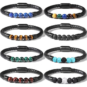 <span class=keywords><strong>Bracelet</strong></span> <span class=keywords><strong>pour</strong></span> homme en cuir avec fermoir magnétique en acier inoxydable certifié CE, orné de perles en œil de tigre naturel vintage. - Product Image 1