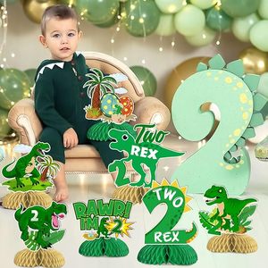 Decorazioni di Compleanno Two Rex, 8 Pezzi, Centrotavola Dinosauro per 2° Compleanno, Centrotavola a Nido d'Ape 'Sono 2' per Bambino - Product Image 6