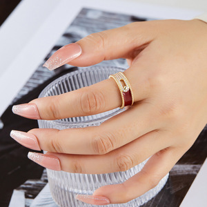 Retro Red Zirconia Open Ring Lock Shape Micro Pave Adjustable Chinese Style Party Jewelry - Product Image 2