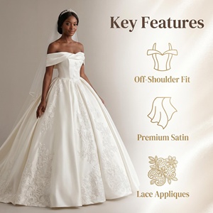 <span class=keywords><strong>Robe</strong></span> <span class=keywords><strong>de</strong></span> mariée vintage style palais en satin ivoire à épaules dénudées avec appliques en dentelle et longue traîne <span class=keywords><strong>pour</strong></span> <span class=keywords><strong>cérémonie</strong></span> <span class=keywords><strong>de</strong></span> <span class=keywords><strong>mariage</strong></span> - Product Image 2