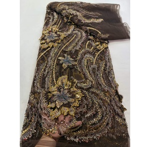 Tissu en Tulle Écologique Brodé Main 3D Floral Perlé et Strassé, Maille Lourde Faite Main, 5 Yards pour Robe de Mariée et de Soirée - Product Image 2