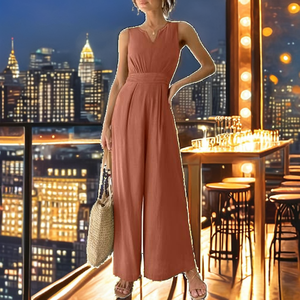 Women High Waist Sleeveless V-neck Chiffon Jumpsuit Solid Color Loose Full Length Casual Spring Summer Breathable Woven Dress - Product Image 2