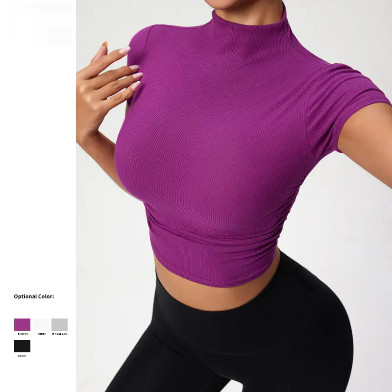 Women's Reversible Half-High Collar Yoga Tops High Elasticity Tank T-Shirt Custom Side Twists Solid Gym Fitness Athletic Short