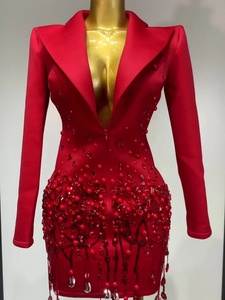 Nuevo <span class=keywords><strong>Vestido</strong></span> de <span class=keywords><strong>Fiesta</strong></span> <span class=keywords><strong>Rojo</strong></span> de Moda, <span class=keywords><strong>Vestido</strong></span> de Noche Elegante con Pedrería de Lujo, Cuello en V Profundo, Corte Entallado, Estilo Celebridad - Product Image 1