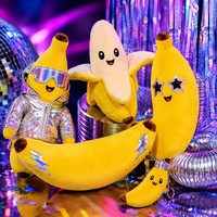 Peluche banane personnalisée pour fête disco, avec veste holographique, lunettes de soleil et yeux étoilés, OEM, poupée fruit rétro pour fête