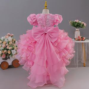 Vestido de Fiesta de Verano para Niñas, Color <span class=keywords><strong>Rosa</strong></span> <span class=keywords><strong>Princesa</strong></span>, Cuello Redondo, Perlas, Apliques Florales 3D, Mangas Abullonadas, Hasta la Rodilla, con Volantes, Estilo <span class=keywords><strong>Princesa</strong></span>, ODM - Product Image 4