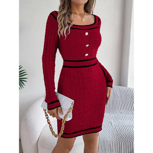 Conjunto de Falda Midi y Suéter Elegante con Cuello Cuadrado y Botones, Manga Larga, Estilo Bodycon, para Mujer, Dropshipping Shopify - Product Image 4