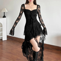 Robe longue évasée en dentelle à col carré, unie, coupe trapèze, style E-girl, ourlet irrégulier, Cyber Y2K, pour soirée