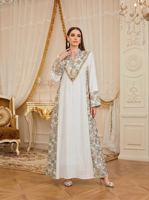 Robe longue de soirée musulmane modeste pour adultes, col cranté, broderie florale, patchwork, franges, garniture de perles, manches longues